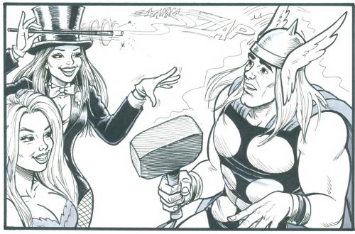 Cosplay fun in Comic Con One as Zatanna casts a spell on a hapless Thor.